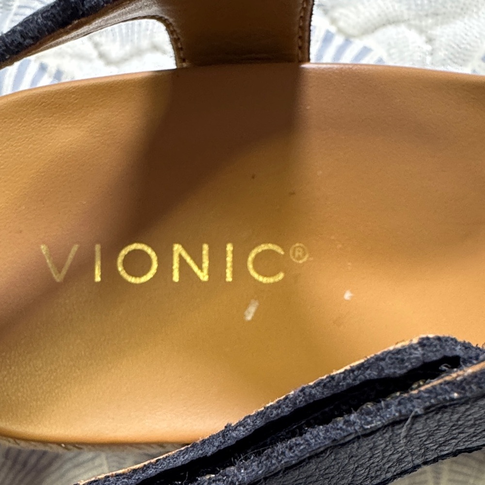 Vionic Saratoga Espadrille Wedge Sandals Wide Size 9 Blue Leather Comfort - Picture 2 of 11